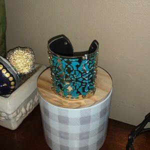 Gold scroll design cut out with Teal colored underlay cuff bracelet EUC